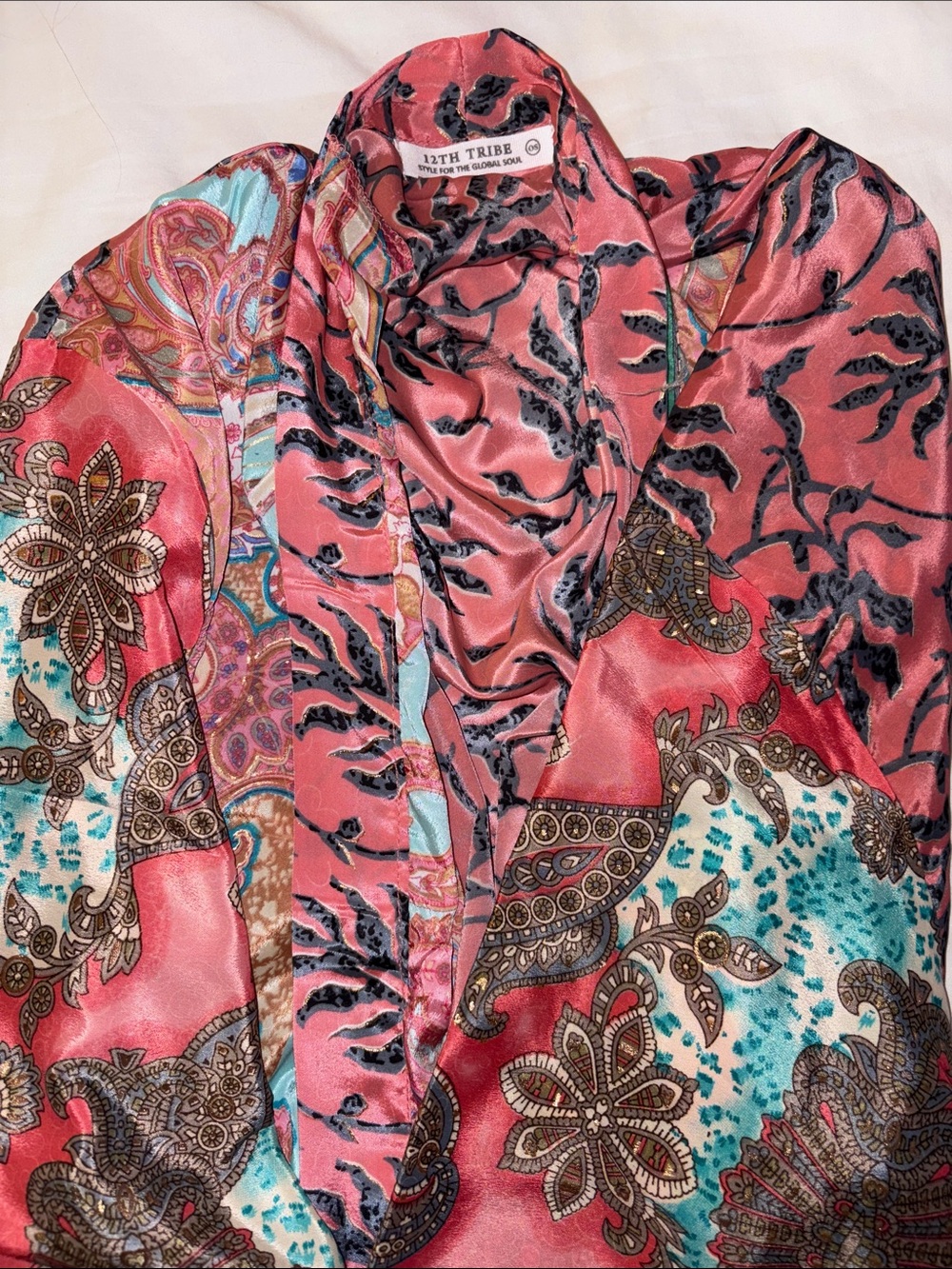 12th Tribe Coral Pink Paisley Satin Kimono with Turquoise Accents